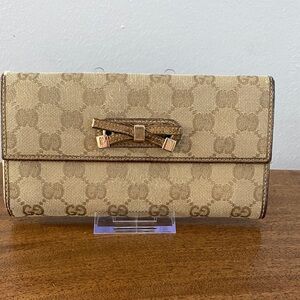 Gucci Gold/Beige GG Monogram Canvas & Leather Princy Continental Trifold Wallet